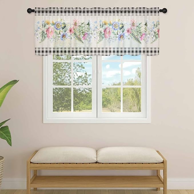 Blue Pink Floral Sheer Valance Curtains, Spring Summer Botanical Linen Black