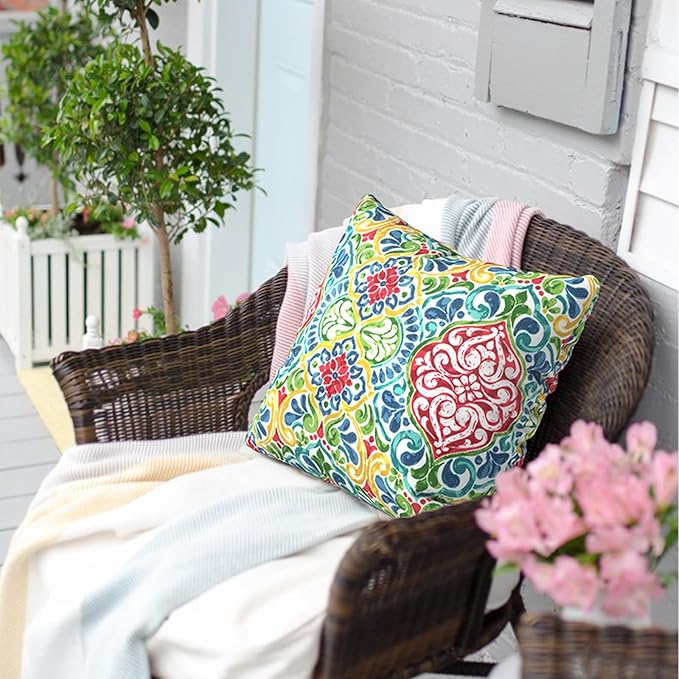 Outdoor Pillows for Patio Furniture 18x18 inch, Square Outdoor Throw Pillows with Inserts, Decorative Toss Pillows for Garden Couch Home Sofa Office Chair, Pack of 2,Damask Red