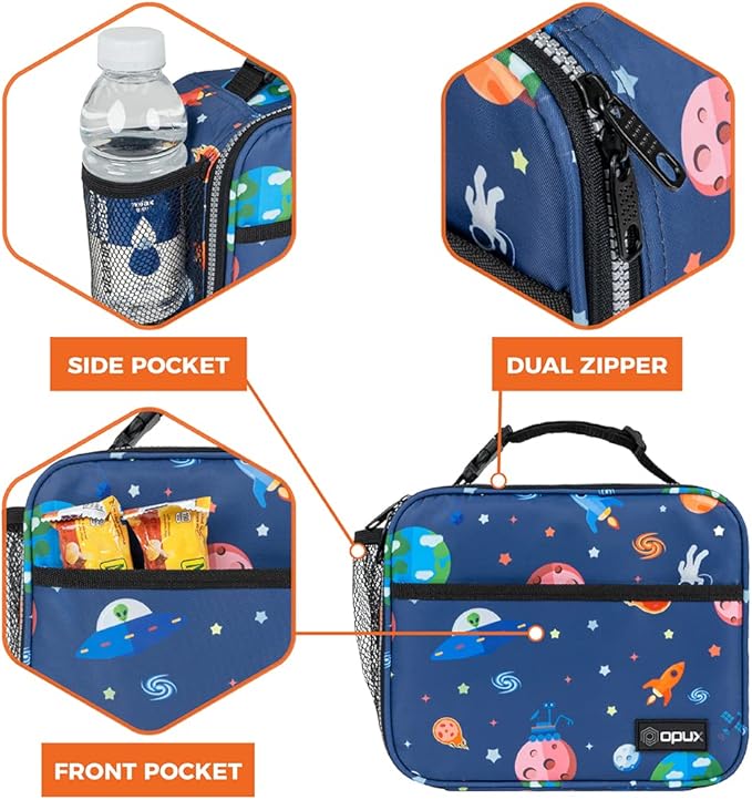 Opux Space Astronaut Lunch Bag, Soft Insulated Lunch Box for Kids, Boys, Girls, Reusable, Portable, Waterproof, Durable