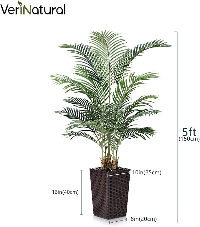 5FT Artificial Palm Tree - Tall Fake Tree with Brown Taper Planter & Pebbles, UV Resistant for Indoor & Outdoor Decor - Large Potted Faux Plant for Living Room, Office, Home Decor,VN130