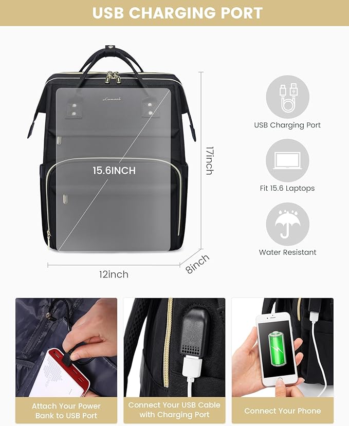LOVEVOOK Laptop Backpack for Women, Travel with Compartment, Water Resistant Teacher Nurse Backpack, Anti-theft Back Pack Charger Work Doctor, 15.6-Inch, Black