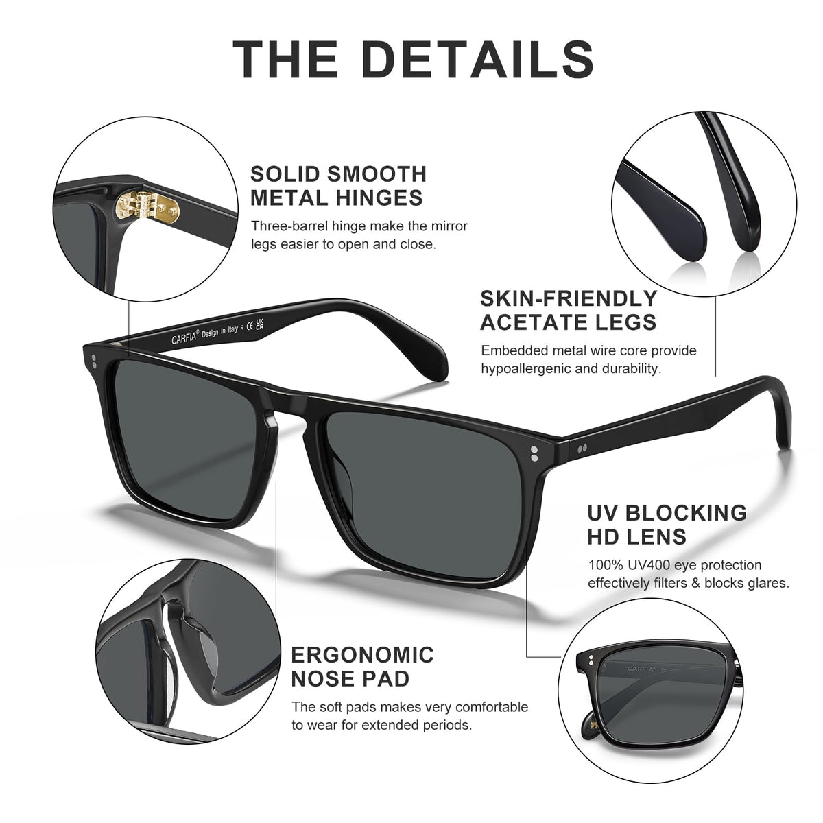 CARFIA Retro Polarized Sunglasses for Men UV Protection Hand-crafted Acetate Frame Fashion Cool Sun Glasses CA53572