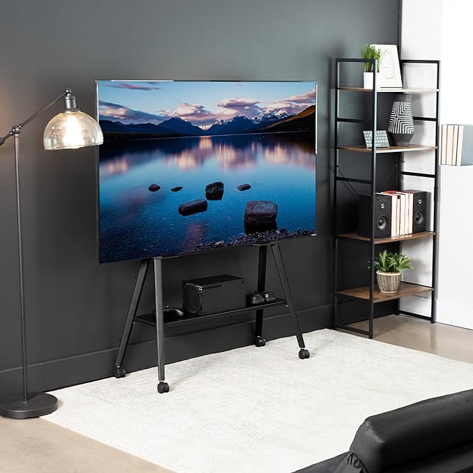 VIVO Rolling Artistic Easel 43 to 75 inch LED LCD Screen Mobile Studio TV Display Stand, Wood Accessory Shelf, Adjustable TV Mount with 4 Legs, Black, STAND-TV75RB