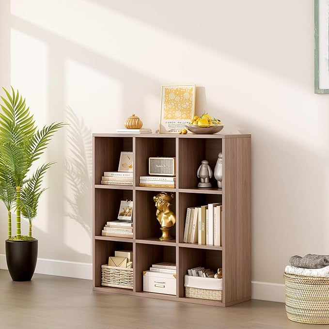 9-Cube Storage Shelf Bookcase - Wooden 3-Tier Floor Standing Open Bookshelf for Home and Office, Cuby Orgainzer, Walnut