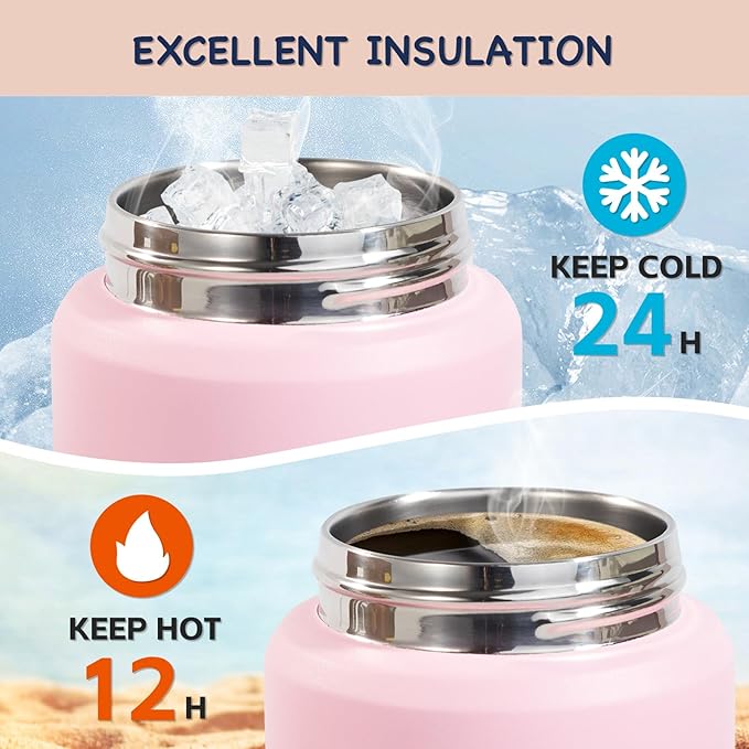 Kerilyn 12oz Kids Water Bottle 2 Pack, Stainless Steel Insulated Water Bottle Bulk, Toddler Cups with Straws Leak-Proof, Kids Water Bottles for School Boys Girls, BPA Free, Pink+Green 2 Piece Set