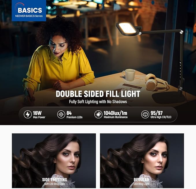 NEEWER Basics 16W Desktop LED Lamp for Home Office Video Conference Reading Lighting, Eye Caring Foldable Double Sided Dimmable Touch Ring Light with Desk Stand Memory Timer 5 Color Modes CRI95, FR16