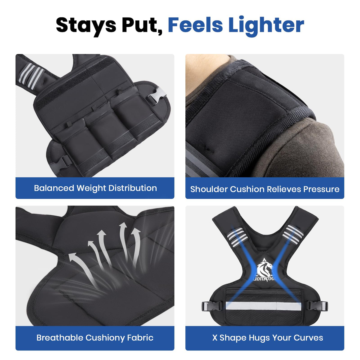 LIONSCOOL Weighted Vest for Men and Women, 4-10LB/11-20LB/20-32LB Adjustable Body Weight Vest with 6 Ironsand Weights & Reflective Stripes for Weight loss, Walking, Running, Cardio and Strength Training