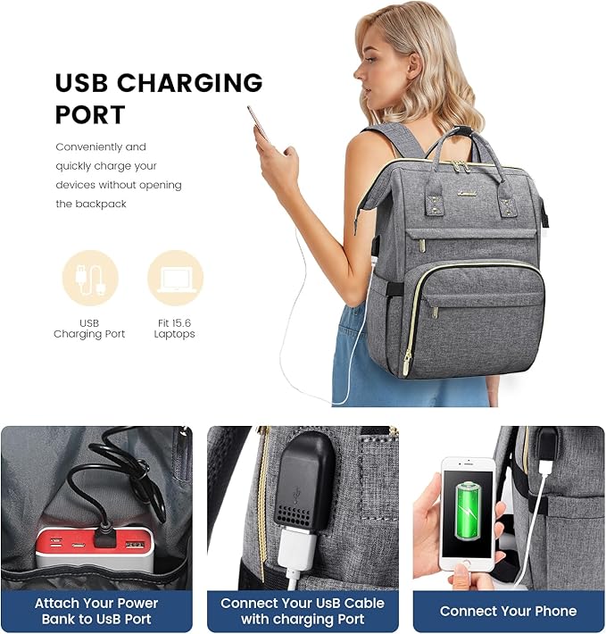LOVEVOOK Laptop Backpack Women, 15.6 Inch Work Backpack Woman for Teacher Nurse Bags, Computer College Backpack Purse, Waterproof Anti-theft Travel Back Pack with USB Charging Port, Grey