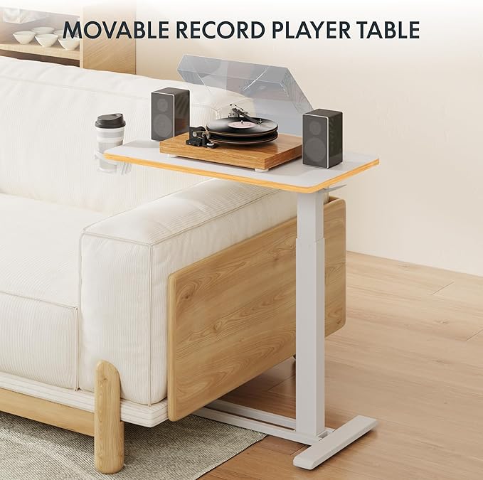 FLEXISPOT Mobile Standing Desk with Wheels Pneumatic Laptop Desk Rolling Computer Cart Movable Height Adjustable Small Sit Stand Desk Computer Workstations Home Use（27.6" W x 15.7" D,White+Maple