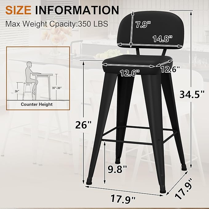 Aklaus PU Leather Metal Bar Stools 26 inch Faux Leather Counter Height Barstools Set of 2 Modern Farmhouse Bar Chairs with High Backs and Faux Leather Seat for Kitchen Island Dining Room Matte Black