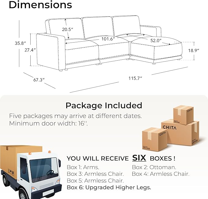 CHITA 116" Sectional Couches for Living Room, Modular Sectional Sofa with Chaise, Comfortable 8-Layer Cushion Structure Design, 4 Seat L Shaped Couch, Chenille in Taupe