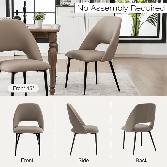 Rowill Dining Chairs Set of 6, Mordern Upholstered Faux Leather Dining Room Chairs, Kitchen Side Chairs with Metal Legs for Guest Reception Waiting Living Room, Khaki