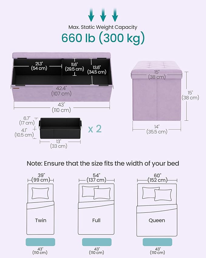 SONGMICS Mazie Collection - Storage Ottoman Bench, Foldable Foot Rest, 15 x 43 x 15 Inches, End of Bed Bench, Storage Chest, Load 660 lb, Living Room, Bedroom, Entryway, Light Lilac ULSF277P01