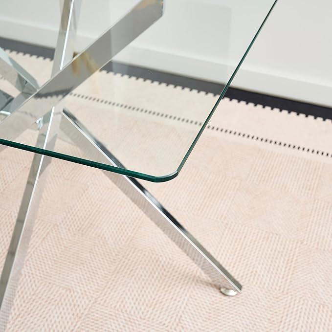 36" Square Glass Dining Table Modern Kitchen Glass Top Table for 4 with Silver Chrome Metal Legs, Clear Dining Table Kitchen Table for Home Office Dining Room