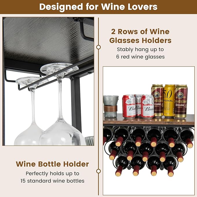 COSTWAY Wine Bar Cabinet, 3-Tier Home Mini Bar for Liquor w/Power Outlets, Glass Holder, Wine Rack, Anti-Tipping Kit, Metal Coffee Bar Table for Home Apartment Kitchen Living Room Pub (Black & Grey)