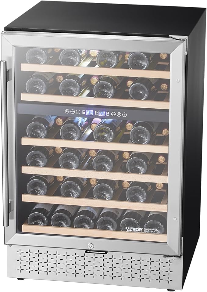 VEVOR Wine Cooler, 46 Bottle Dual Zone Wine Fridge, Built-in & Freestanding Fridge with Glass Door, Adjustable Shelves, Digital Temperature Control, Wine Cooler Refrigerator for Home, Office, Bar