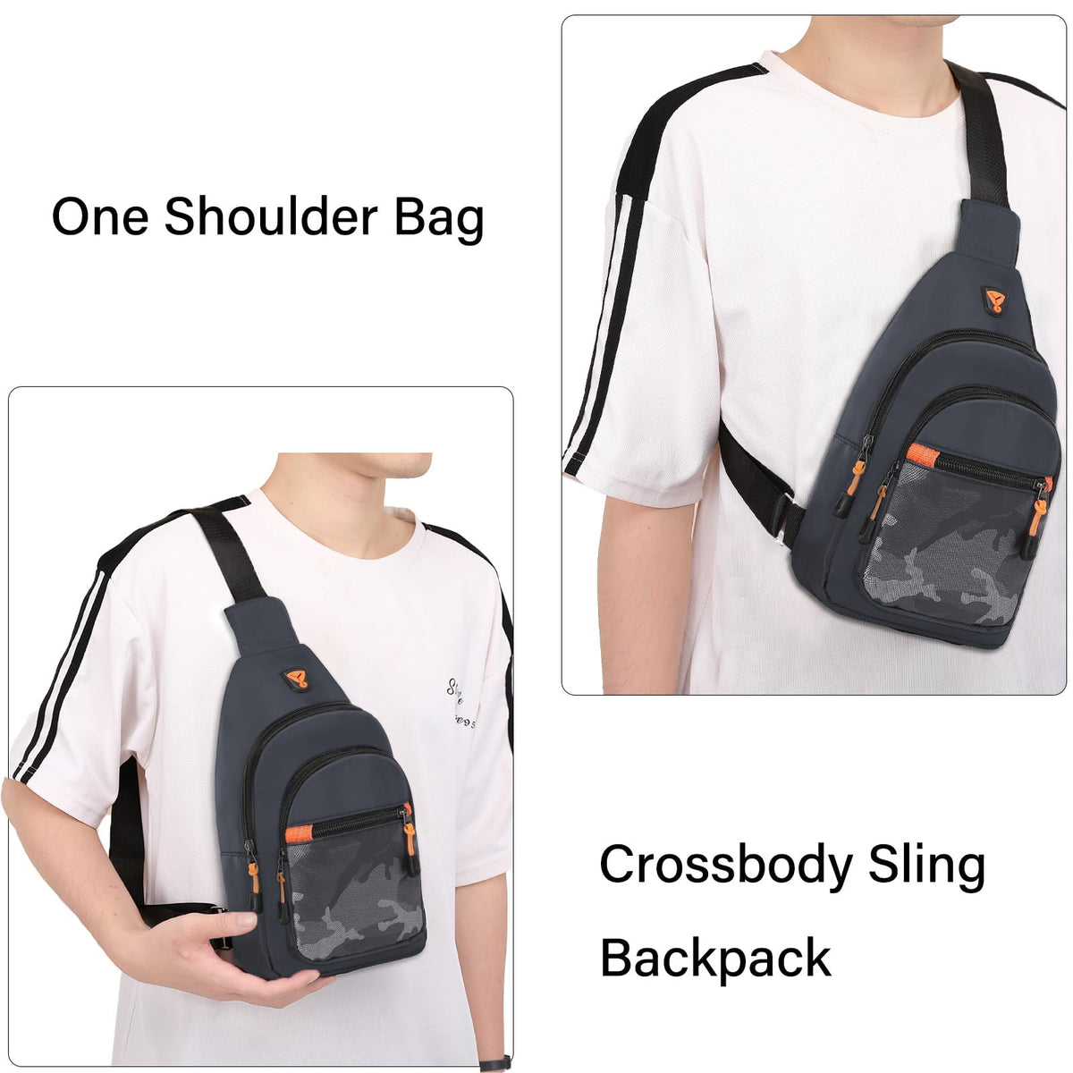 MOSISO Small Sling Backpack Crossbody Sling Bag, Lightweight Hiking Daypack Shoulder Chest Bag with Camouflage Front Pocket, Gray