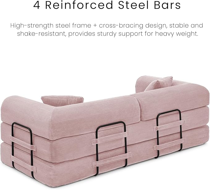 Compression Sofa - 79'' Convertible Sofa Bed, Boneless Couch in a Box, Modular Corduroy Foldable Sleeper Sofa with 2 Pillows, Loveseat Couches for Living Room (Corduroy Fabric, Pink)