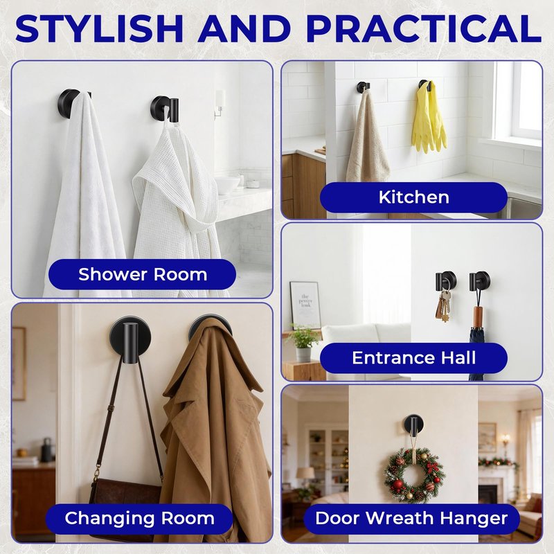 Suction Cup Hooks for Shower Heavy Duty, Shower Hooks No Drill, Shower Hooks for Inside Shower Stainless Steel, Suction Hooks for Window, Glass, Tile, Wall, Loofah, Bath Robe, Wreath, Black 2 Pack