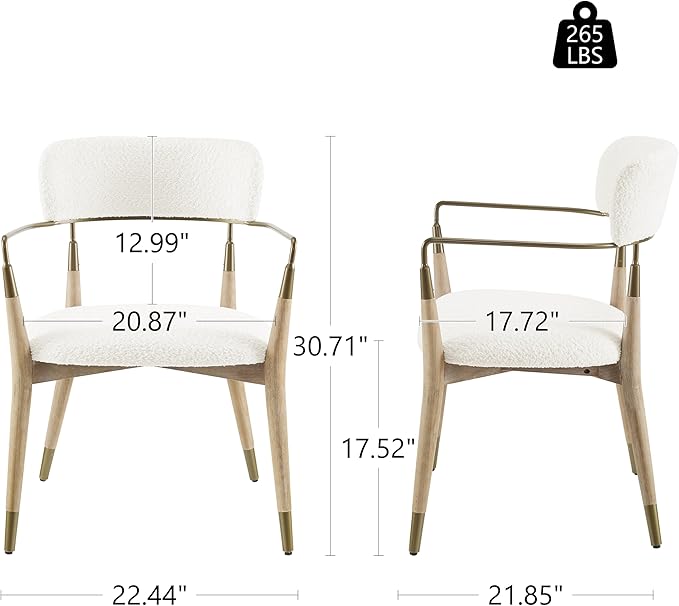 Art Leon Mid Century Modern Dining Chairs - Boucle Fabric Upholstered Dining Room Chairs with Wood Legs, Accent Arm Chair with Open Backrest, Set of 2, White