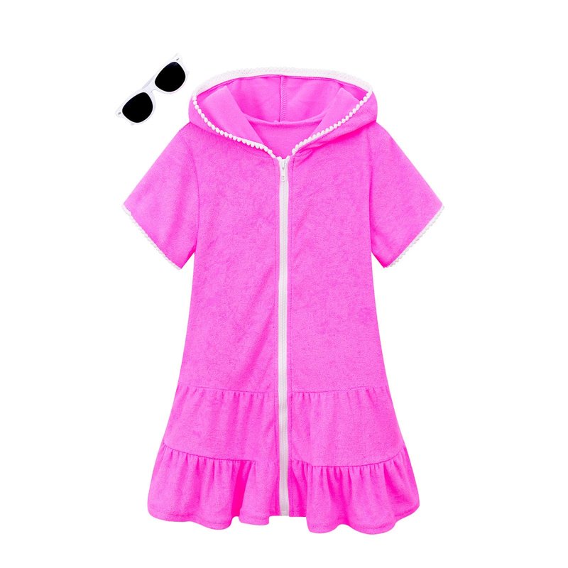 LUCKYGAL Girls Swimsuit Cover Up Zip-Up Swim Coverup Rose Red Terry Beach Bathing Suit, Size 8 9
