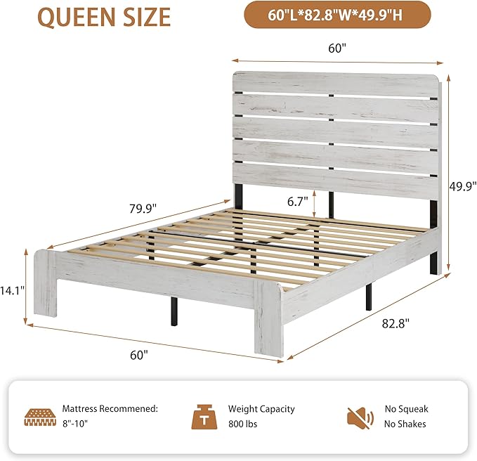 Queen Size Bed Frame with Wooden Headboard and Footboard, Rustic Platform Bedframe, Wood Slats Support, No Box Spring Needed, Under Bed Storage, Easy Assembly, White