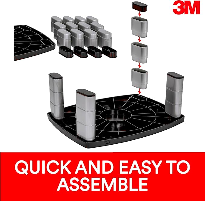 3M Extra Wide Adjustable Monitor Stand, Three Leg Segments Simply Adjust Height from 1" to 5 7/8", Sturdy Platform Holds Up to 40 lbs, 16-inch Space Between Columns for Storage, Silver/Black (MS90B)