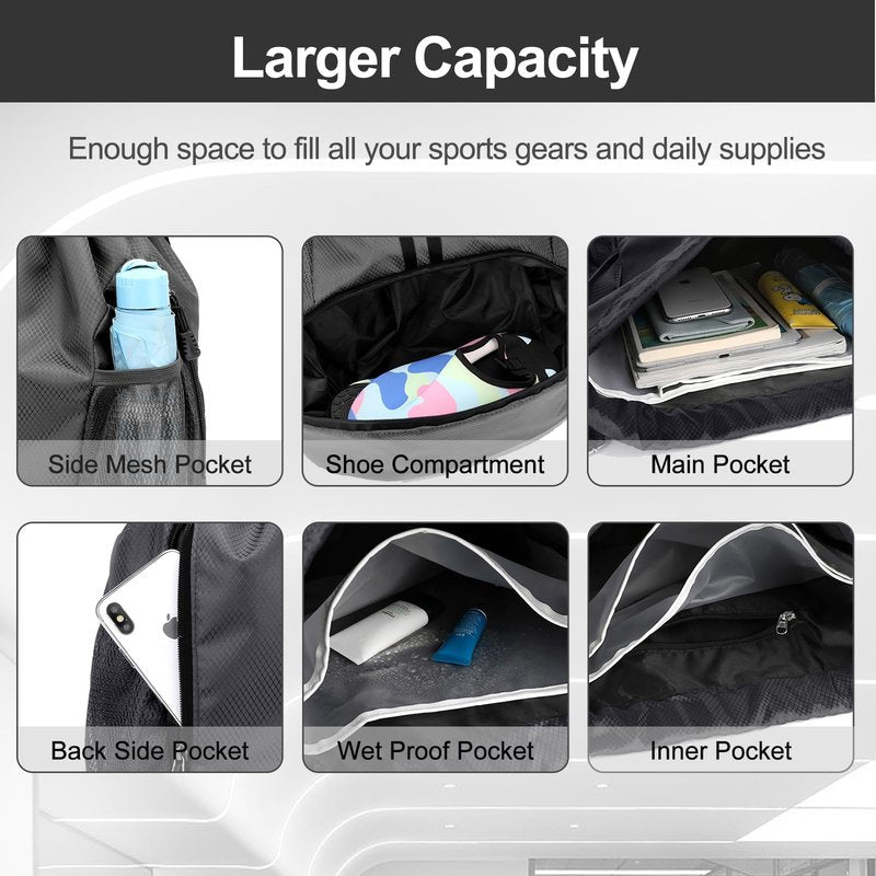 Hoedia Sports Drawstring Backpack - String Swim Gym Bag with Shoes Compartment and Wet Proof Pocket for Women and Men, Dark Grey