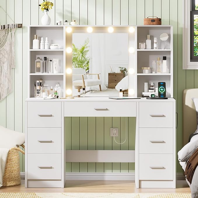 Makeup Vanity Desk with Mirror,10 Lights and Power Strip,Large Makeup Vanity with Shelves and 7 Drawers, Vanity Desk Dressing Table with 3 Color Adjustable Light,Vanity Table (White)