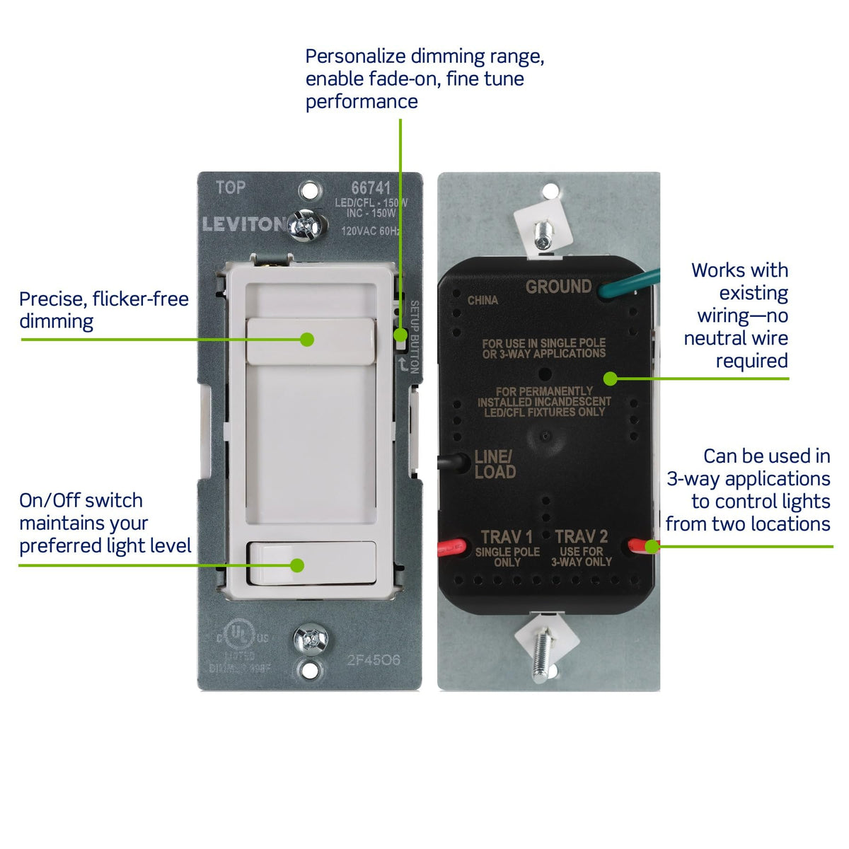 Leviton SureSlide LED Advanced Dimmer Switch for 150W Dimmable LED, Halogen and Incandescent Bulbs and Fixtures, 66741-W, White