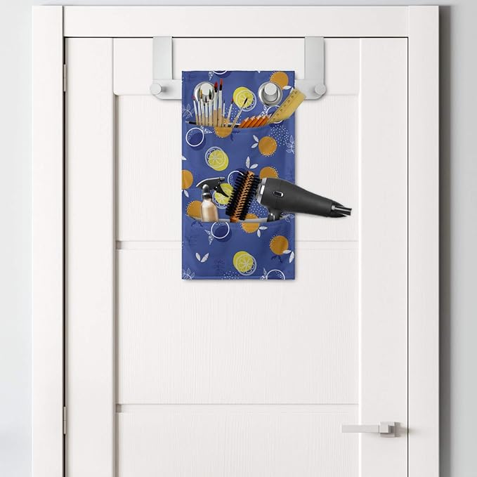 Ambesonne Fruits Hanging Pocket Organizer, Vibrant Oranges and Lemons Silhouettes with Mini Polka Dots, Printed Polyester Storage Bag with Pockets, 9" x 16", Violet Blue Orange