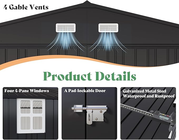 AMERLIFE 13x21x8 FT Outdoor Metal Garage Shed, Extra Large Storage Shed with Double Hinged Doors, 4 Windows, Carport for Car, Truck, Bicycle and Lawn Equipment, Dark Gray