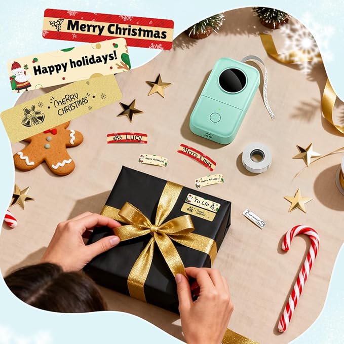 Phomemo D30 Label Tape Black on Christmas Pattern, Gold, Snow Mix Color Sticker Thermal Paper Self-Adhesive Label Tape, 14 x 50mm (1/2" x 17/8") 160 Tapes/Roll, 3-Roll for D30 D35 Q30 Q30S Q31 D30Pro