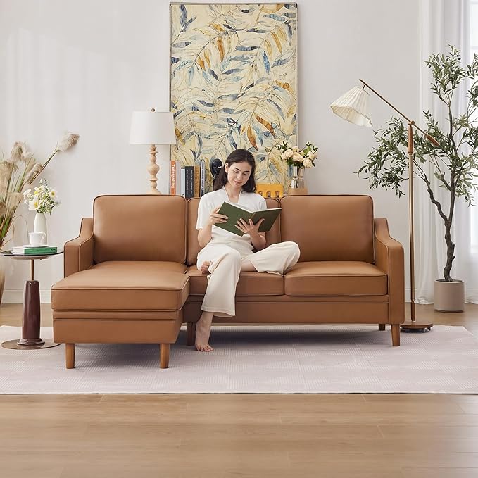 Kingfun 88" L-Shape Sofa, Faxu Leather Sectional Couch, Mid Century Modern Couches with Solid Wood Frame for Living Room & Bedroom, Brown