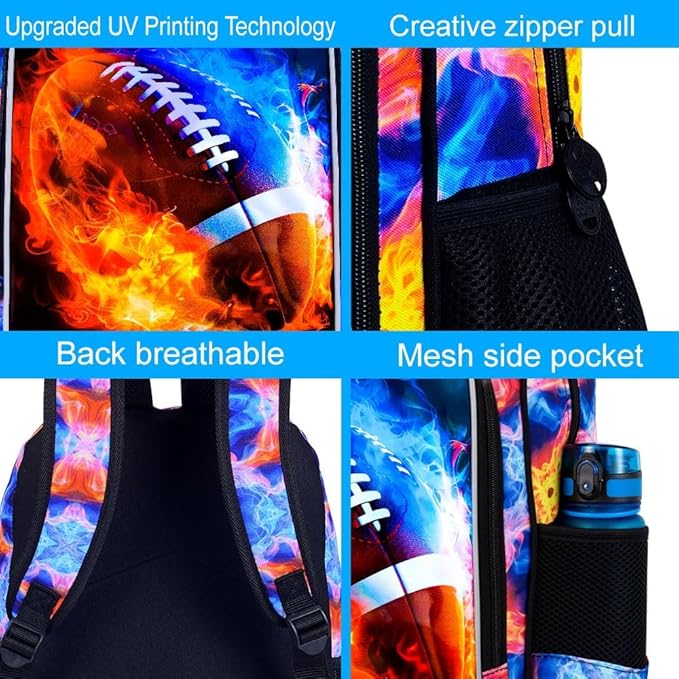 KLFVB 3PCS Kids Bookbag, 17" Boys Backpack and Lunch Box, Water Resistant Teenagers School Bag for Middle Elementary - Flame Rugby