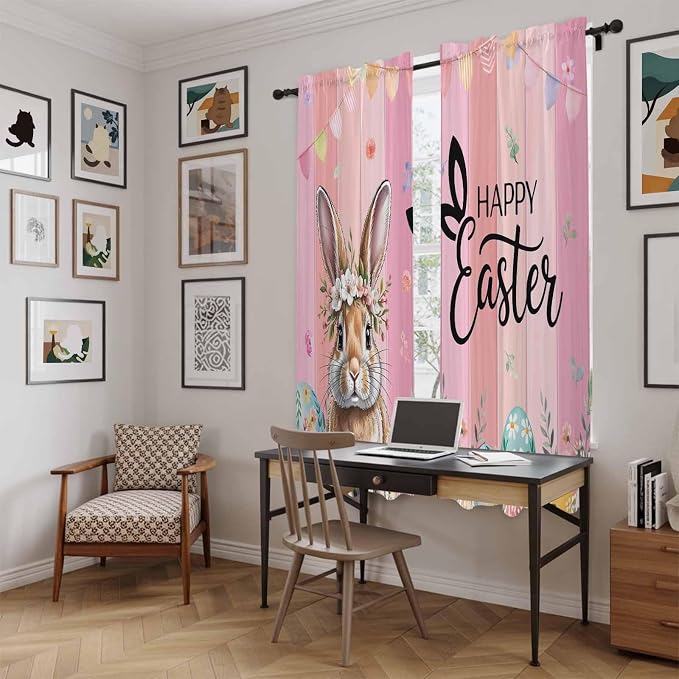 Easter Kitchen Curtains, Spring Rabbit Eggs Flowers Flags Leaves Wood Grain