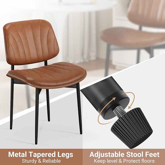 Dining Chairs Set of 8, Mid-Century Modern Upholstered PU Leather Chairs with Walnut Bentwood Back and Metal Legs Adjustable Feet for Kitchen Dining Room, Camel Shell Strips