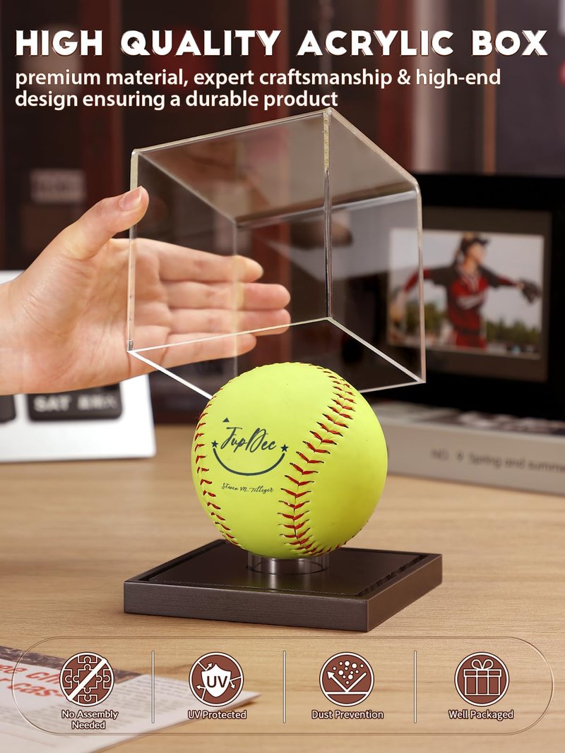 JupDec Softball Display Case Clear Acrylic Ball Holder, UV Protected Cube with Wood Base Stand, Championship Sports Collections Box Showcase, Black
