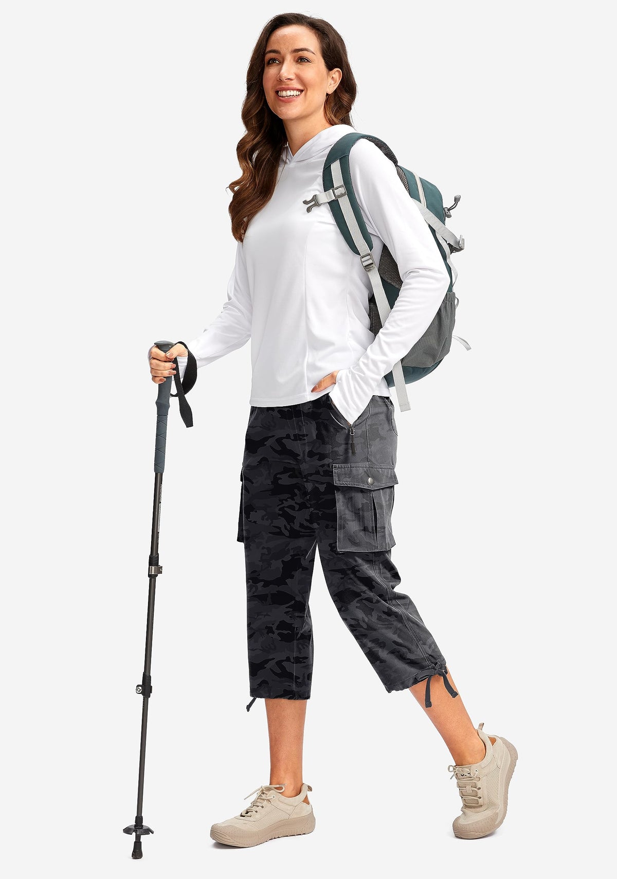 Soothfeel Women's Cargo Capris Pants with 6 Pockets Lightweight Quick Dry Travel Hiking Summer Pants for Women Casual (Black Camo, 4XL)
