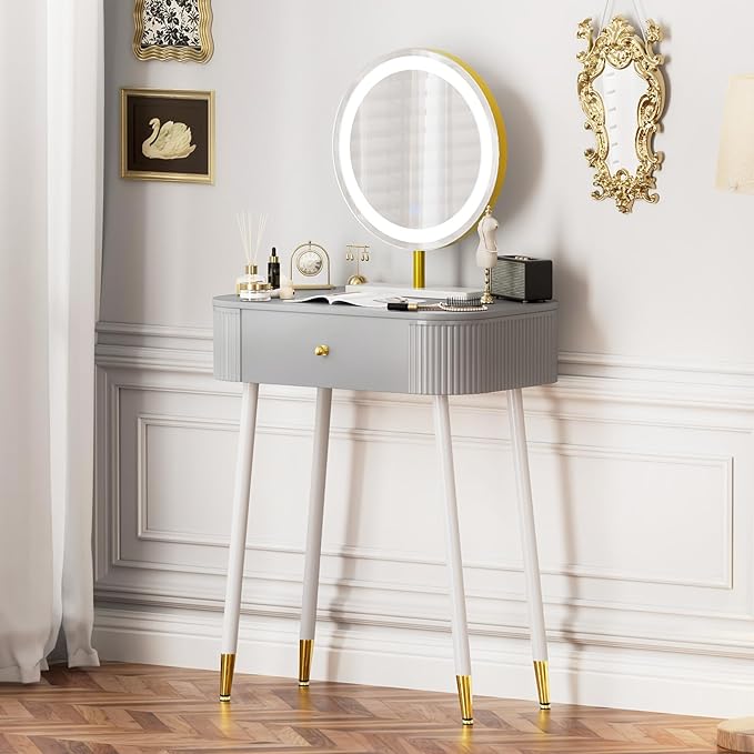 WinZo 24" Vanity Desk with Mirror and Lights, Small Makeup Vanity Table with 1 Storage Drawers, 3 Color Touch Screen Stylish Dressing Table for Small Spaces & Bedroom, Gray