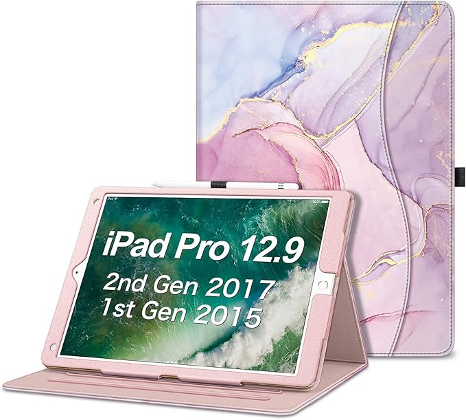 Fintie Multi-Angle Case, 2017/2015 iPad Pro 12.9 inch (Old Model) 1st & 2nd Gen Case - [Corner Protection] Folio Stand Cover with Pencil Holder & Pocket, Auto Wake/Sleep, Dreamy Marble