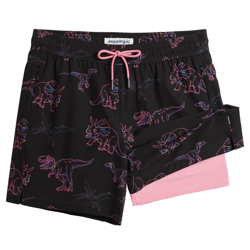 maamgic Mens Swim Trunks with Compression Liner 5 Inch, Quick Dry Bathing Suit with Zipper Pockets, Stretch No-Chafing Swim Shorts, Black-Pink Dinosaur Large