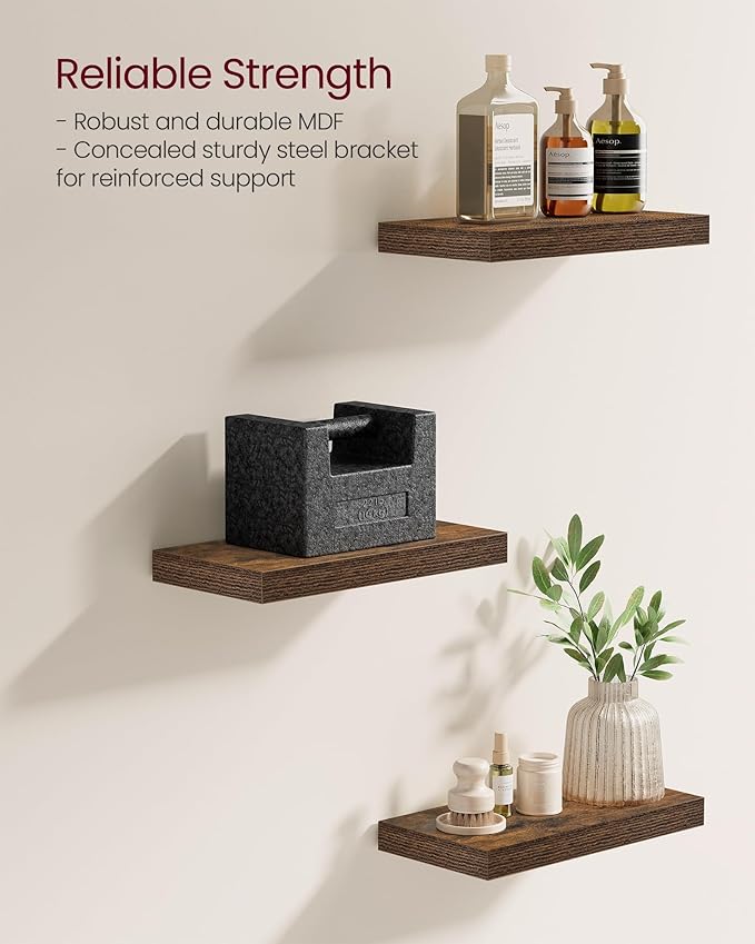 VASAGLE Wall Shelves Set of 5, Floating Shelves, Wall Mounted, 8 x 15.7 x 1.5 Inches, Display Shelves for Picture Frames, Wall Decor, Hanging Shelf for Living Room, Kitchen, Rustic Brown ULWS071B02
