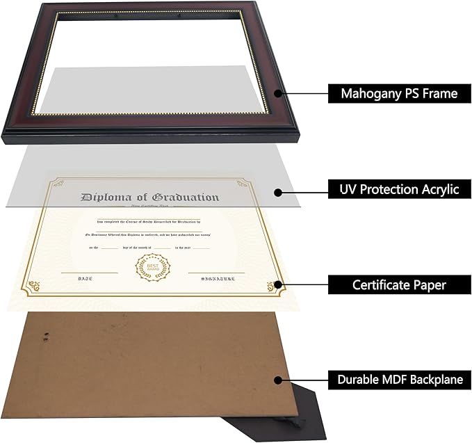 GraduatePro 8.5x11 Diploma Frame, Picture Frame for Wall and Tabletop Display with UV Protection Acrylic, Professional Wooden Look, Mahogany with Gold Beaded
