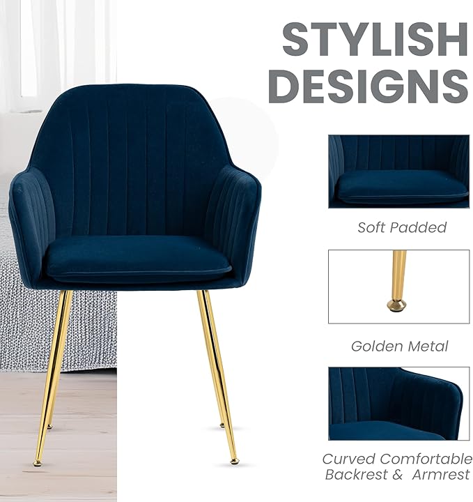 ECOTOUGE Modern Dining Chairs Set of 6, Upholstered Dining Room Chairs with Golden Metal Legs, Matte Velvet Kitchen Chairs for Dining Table, Accent Chairs for Living Room, Blue