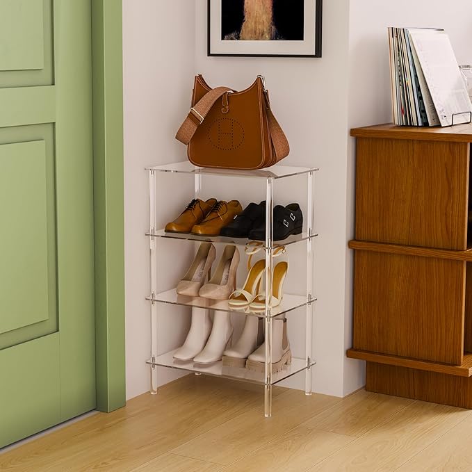 Aquiver Acrylic Small Shoe Rack - 18.1'' L x 11.8'' W x 28.5'' H - 4 Tier Shoe Rack for Front Door Entrance, Entryway, and Closet - Shoe Organizer Narrow Shoe Storage Shelf (Clear)