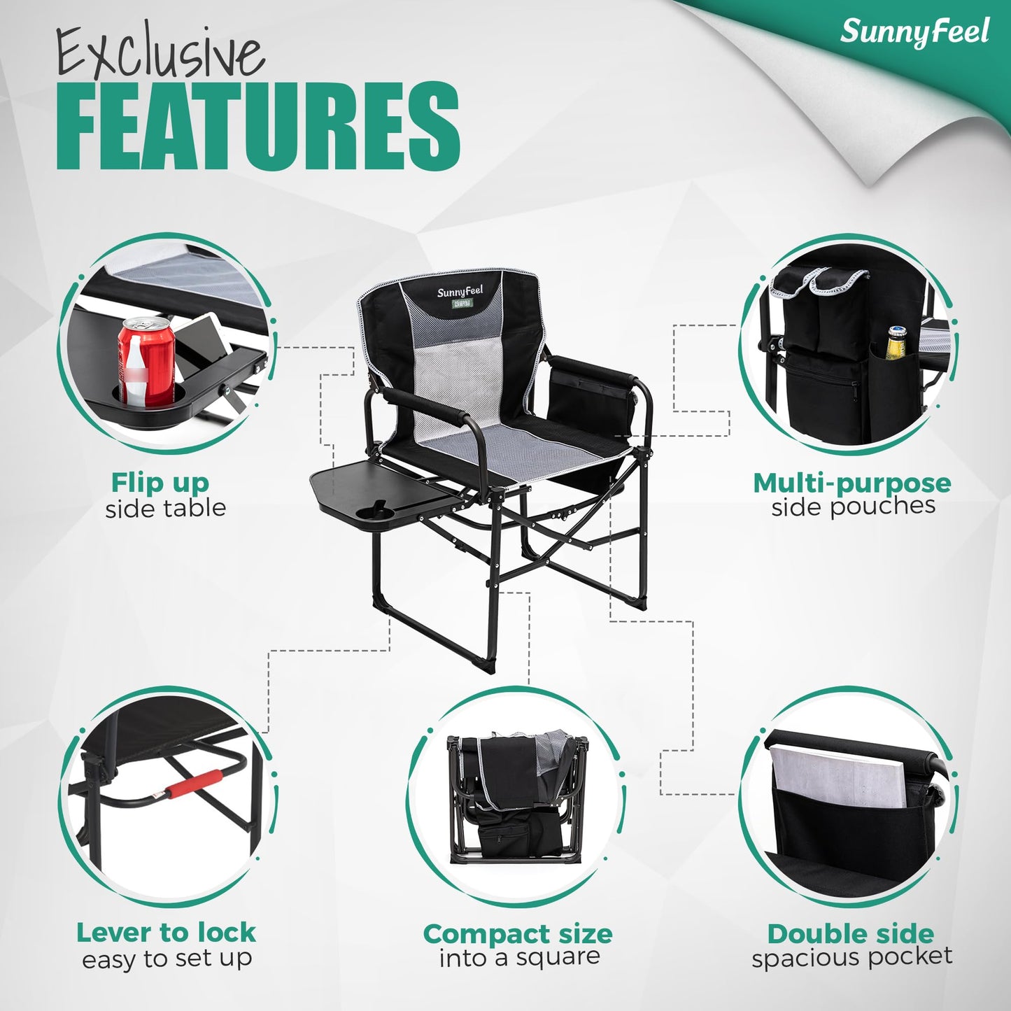 SUNNYFEEL Oversized Camping Directors Chair, Portable Folding Lawn Chairs for Adults Heavy Duty with Side Table,Pocket for Beach, Fishing,Picnic,Concert,Tailgating，Outdoor Foldable Camp Chair