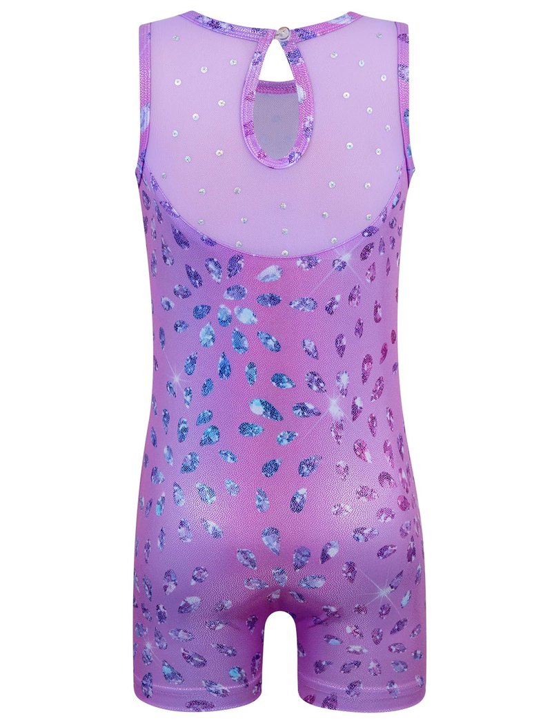 HOZIY Gymnastics Leotards for Girls Mesh Neckline with Iridescent Rhinestones Back Cut Out Sleeveless Size 5-6 Years Purple Diamonds Biketard Shorts Tumbling Outfits Toddler Kids Sparkly Shiny