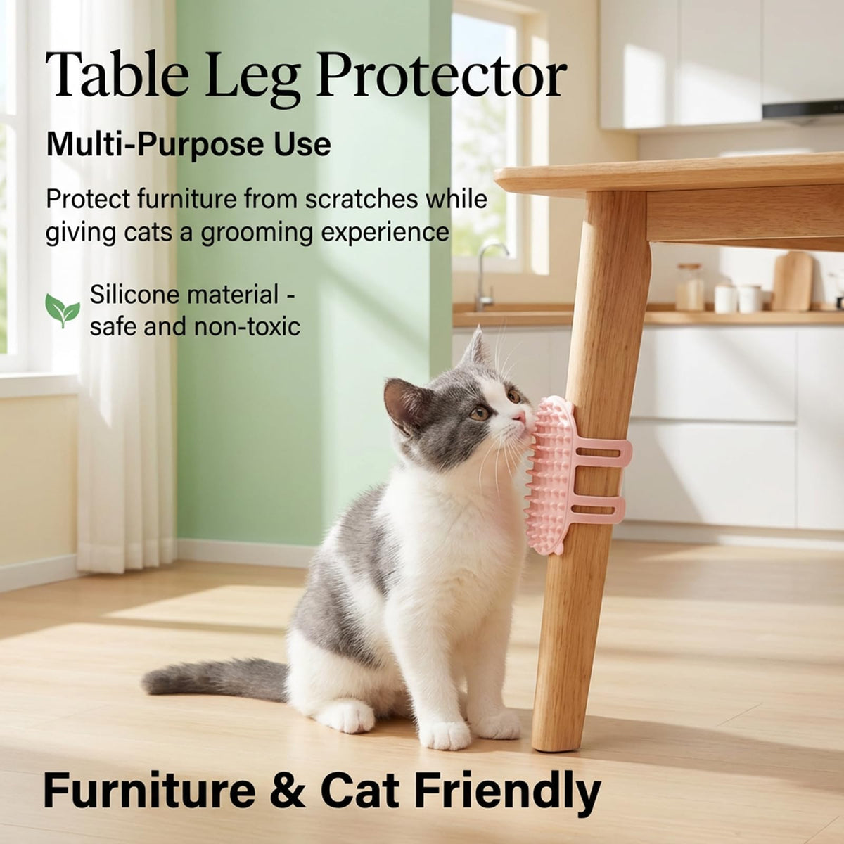 1pc Cat Self Groomer, Silicone Soft Wall Corner Massage Brush with Adjustable Straps, Interactive Scratcher Comb for Indoor Cats & Kittens, Table Leg & Cage Furniture Protector (Pink)