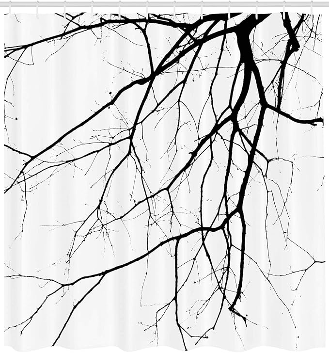 Ambesonne Black White Shower Curtain, Macro Leafless Winter Tree Branches Idyllic Twigs of Oak Nature Print, Cloth Fabric Bathroom Decor Set with Hooks, 69" W x 84" L, Black White